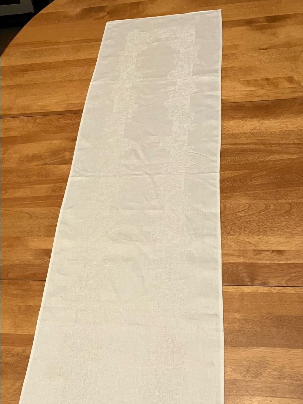Vintage 100% Irish Linen Double Damask Table Runner White Floral, 45” x 12.25”